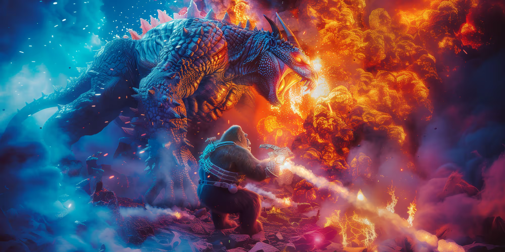 An AI generated image of a dragon and a gorilla