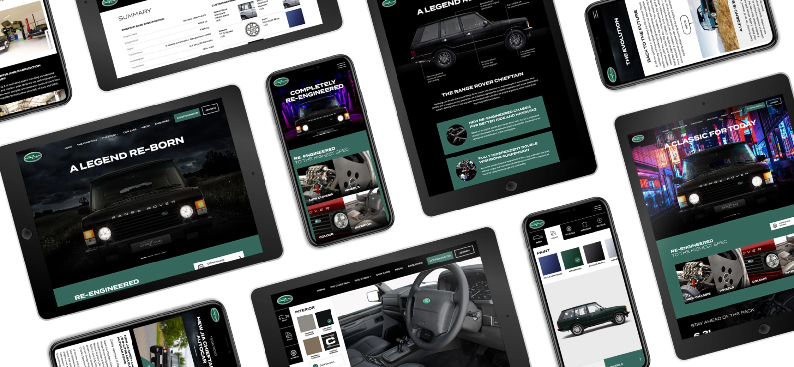 A collage of tablets and phones showing various pages of the Chieftain website, including the workshop, specification summary, evolution story and configurator