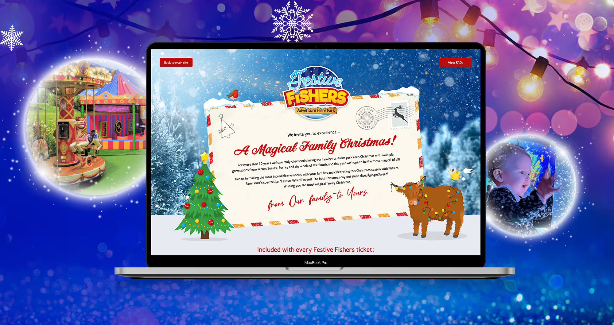 A mockup if a laptop with the Festive Fishers page on the screen