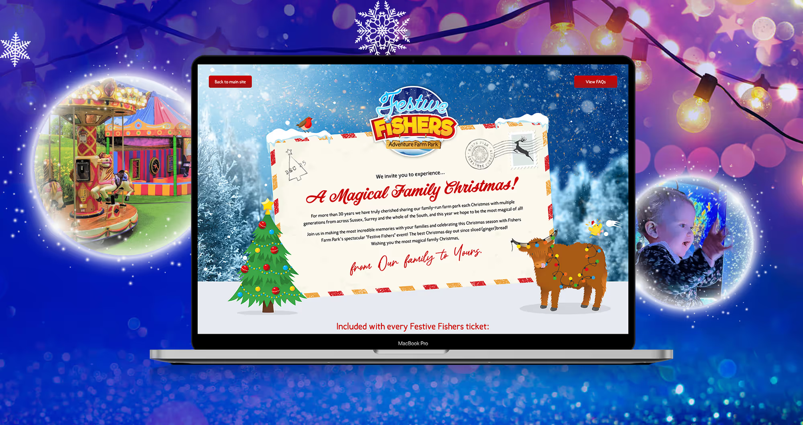 A mockup if a laptop with the Festive Fishers page on the screen