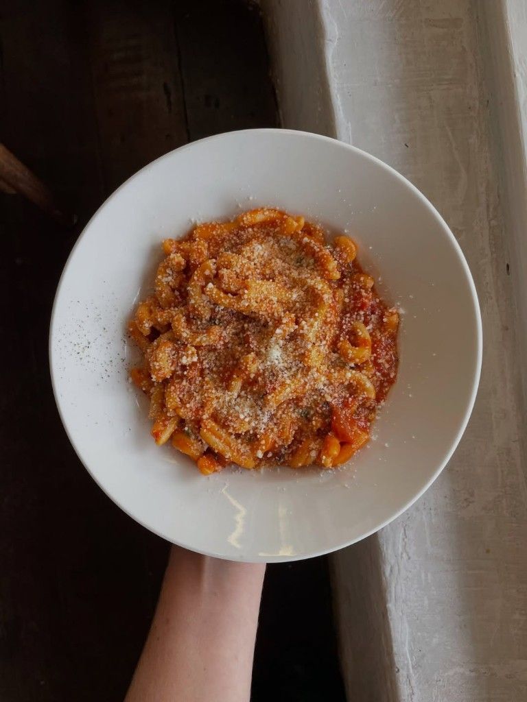 Rigatoni in a slow-cooked tomato sauce with grated parmesan