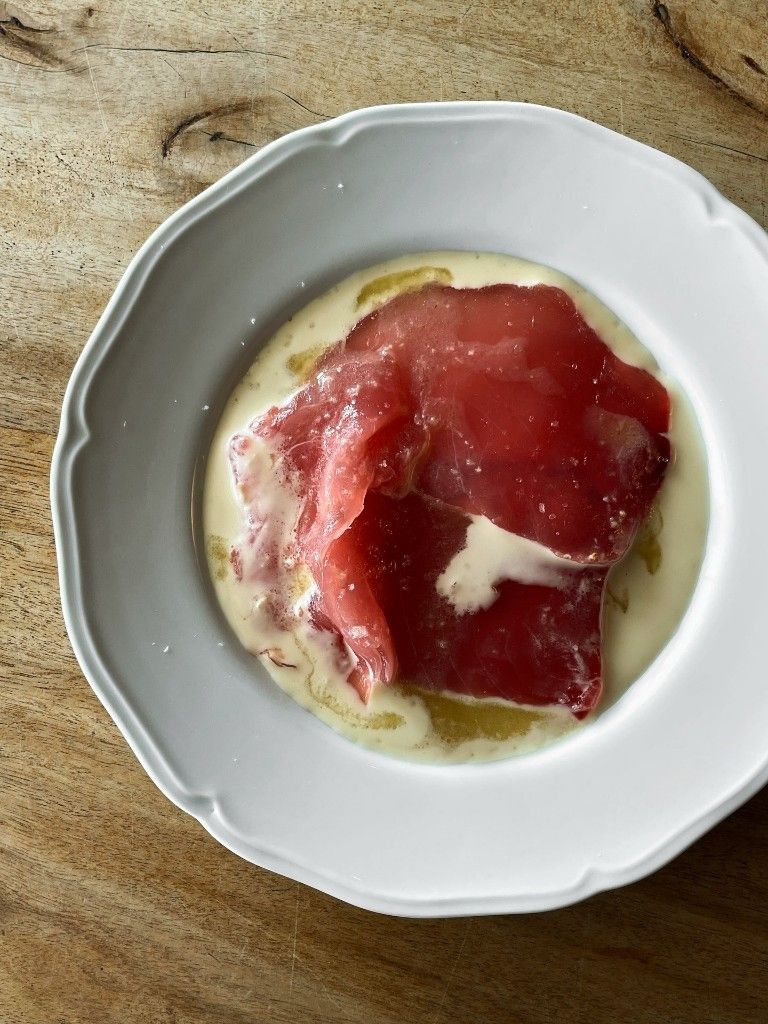 Bresaola over whipped burrata with olive oil and sea salt