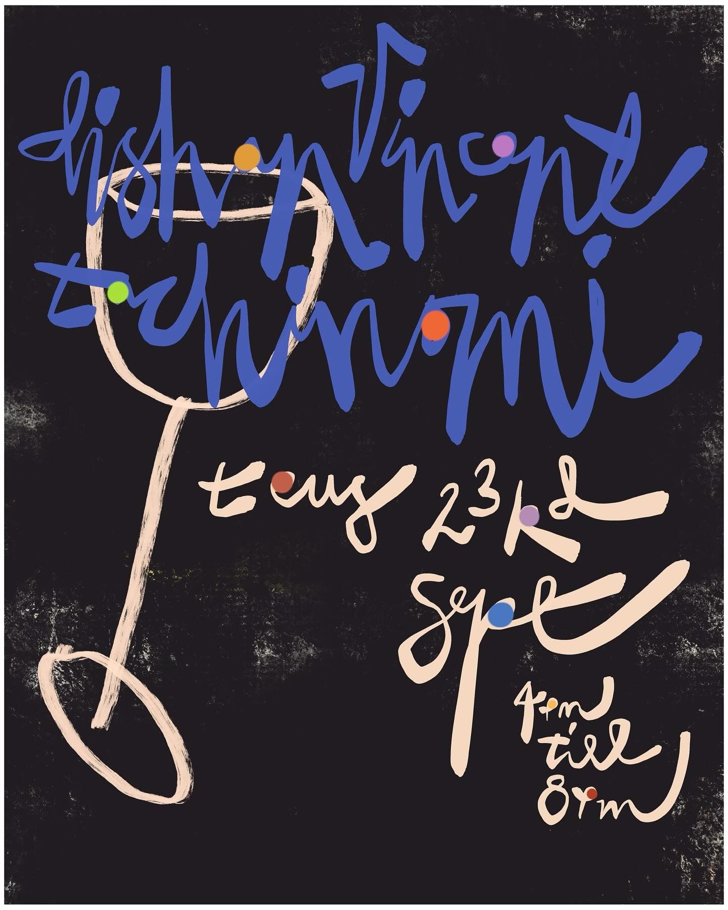 Hand-lettered poster in cobalt brush strokes for a Dishan Vincent tasting