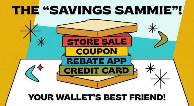 A visual metaphor of a savings sandwich showing multiple layers of cashback methods stacked together like ingredients between bread slices