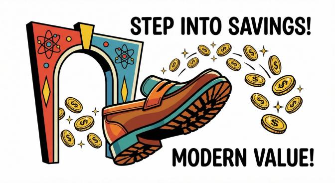 A person's foot stepping through a store entrance doorway with coins bouncing up around it, representing earning rewards just by walking into stores