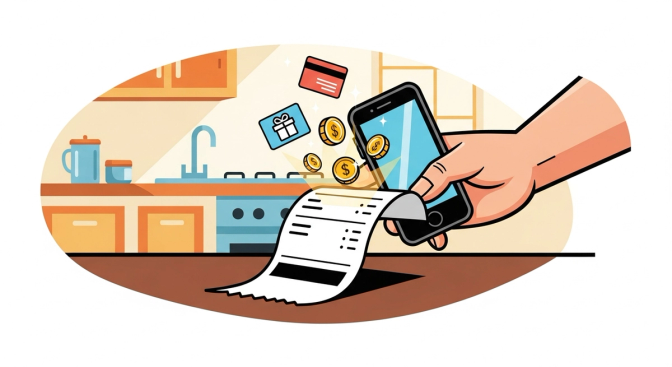 A person holding a smartphone scanning a grocery receipt, with digital coins or reward points floating above the receipt