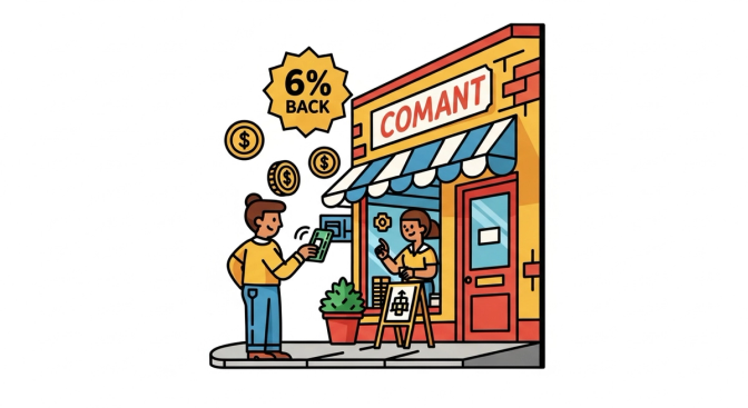 A person shopping at a local small business storefront with a glowing percentage badge and coins floating around their linked credit card