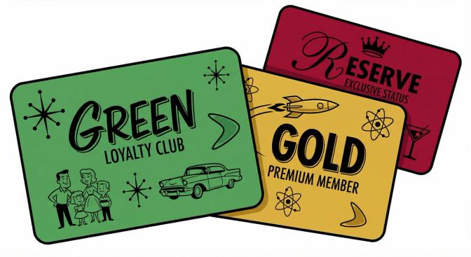 Three stacked loyalty cards labeled Green, Gold, and Reserve representing Starbucks' new tiered membership program