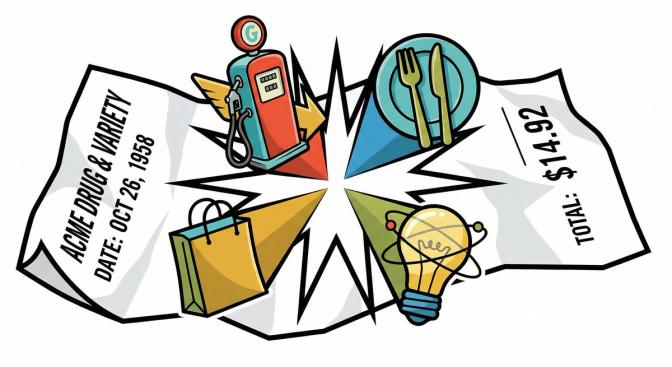 A single large paper receipt with a starburst of small retail icons around it — a gas pump, shopping bag, fork and knife, and electronics — representing earning rewards from any type of purchase