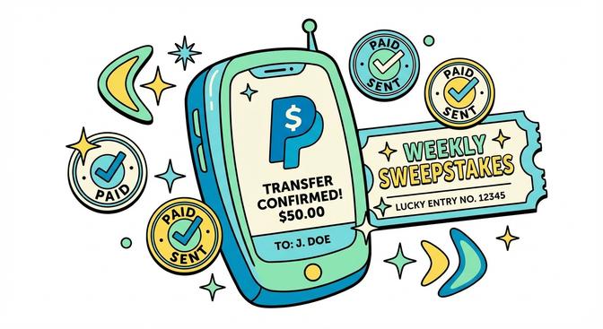 A smartphone screen showing a PayPal cash payout option alongside receipt stamps and a sweepstakes ticket, representing ReceiptPal's expanded payout flexibility