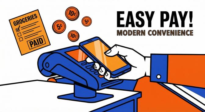 A shopper's hand tapping a phone on a checkout card reader with a checklist and coins in the background, representing the three-step savings habit