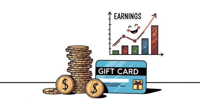A simple visual comparison showing realistic monthly earnings as a modest stack of coins next to a gift card, grounding expectations