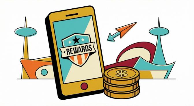 A smartphone displaying a star loyalty rewards icon with a stack of coins beside it