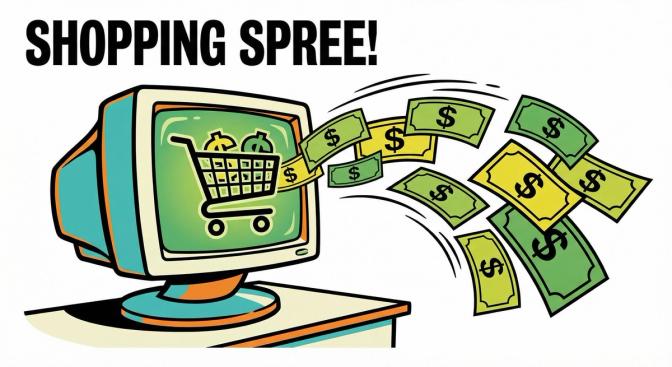 A desktop computer monitor displaying a shopping cart icon with a large percentage sign and dollar bills flying out of the screen