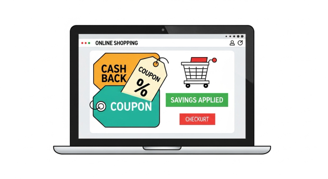 Two browser extension icons side by side with cash back percentages and coupon tags, showing how they work together at online checkout