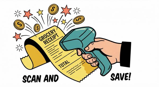 A hand scanning a paper receipt with coins and reward stars bouncing out, representing stacking cashback apps on top of store loyalty programs