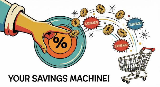 A hand clicking a mouse or tapping a browser extension button with cashback percentage badges and coins bouncing out toward a shopping cart