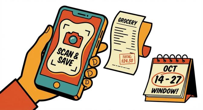 A smartphone displaying the Fetch Rewards app with a grocery receipt and a 14-day calendar countdown, highlighting the tighter submission window