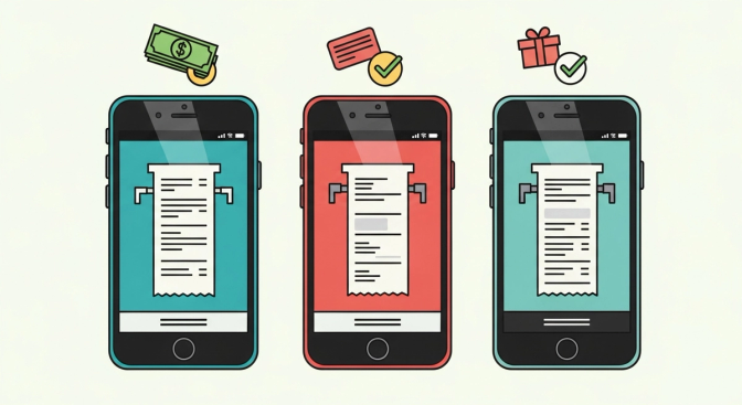 Three smartphone screens side by side displaying different receipt scanning apps, with visual indicators highlighting their differences in ease and earnings