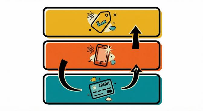 A simple scene showing a credit card, a smartphone with a cashback app, and a shopping portal icon arranged in three distinct horizontal layers stacked vertically