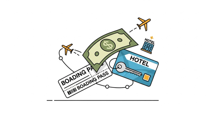 A visual showing cash back dollars transforming into airline miles and hotel keys, representing the conversion from Rakuten cash back to Bilt travel rewards