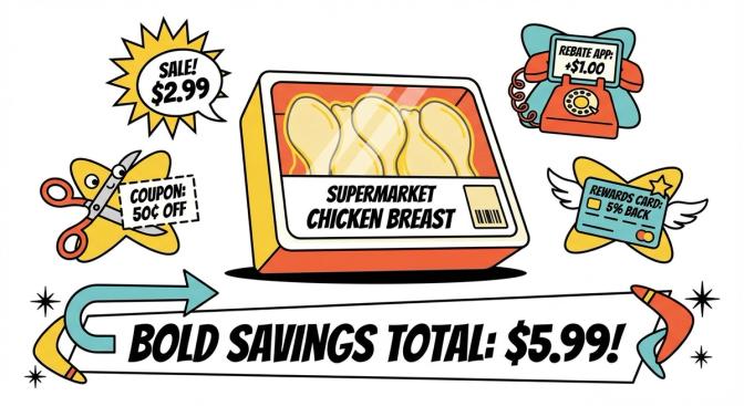 A grocery store chicken breast package surrounded by stacked savings icons showing a sale tag, digital coupon, rebate, and credit card all contributing to a large discount