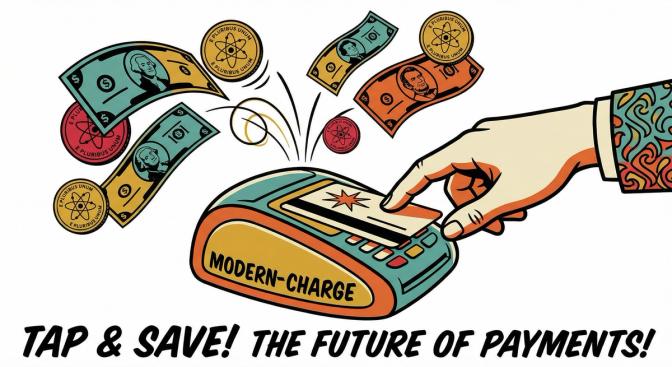 A hand tapping a credit card on a card reader with cash and coins bouncing out, representing automatic card-linked cashback rewards with no extra steps