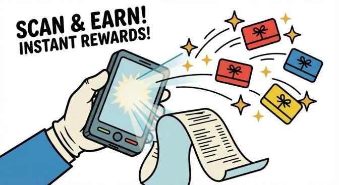 A person quickly scanning a grocery receipt with their phone to earn points and gift card rewards
