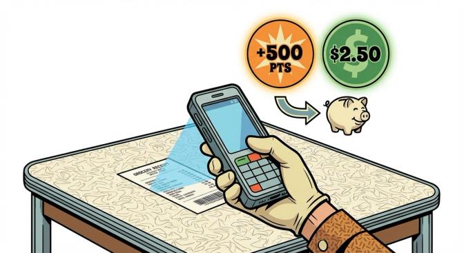 A grocery receipt being scanned by a smartphone with two cashback app icons earning rewards simultaneously
