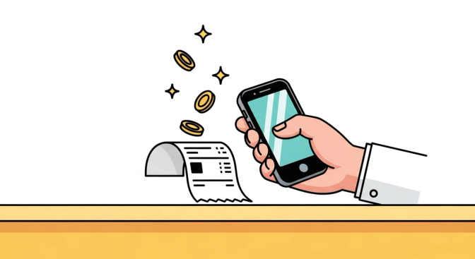A person casually scanning a grocery receipt with their smartphone, with glowing reward points floating up from the receipt