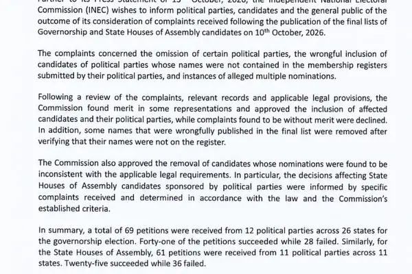 INDEPENDENT NATIONAL ELECTORAL COMMISSION PRESS STATEMENT REVIEW OF COMPLAINTS RELATING TO THE FINAL LISTS OF GOVERNORSHIP AND STATE HOUSES OF ASSEMBLY CANDIDATES FOR THE 2027 GENERAL ELECTION