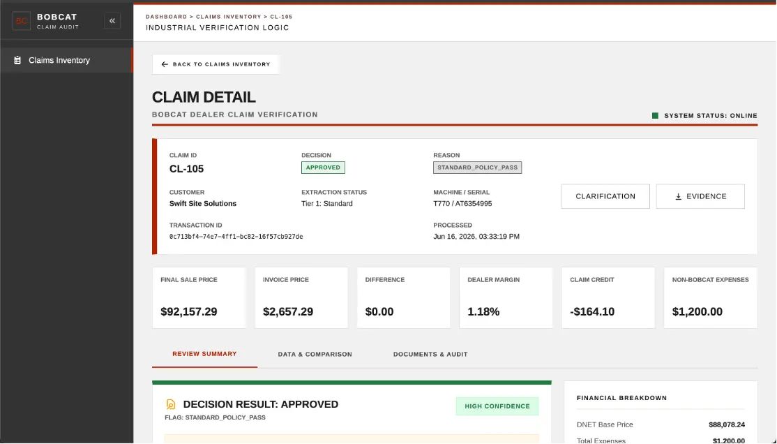 Claim Detail view for a single dealer claim
