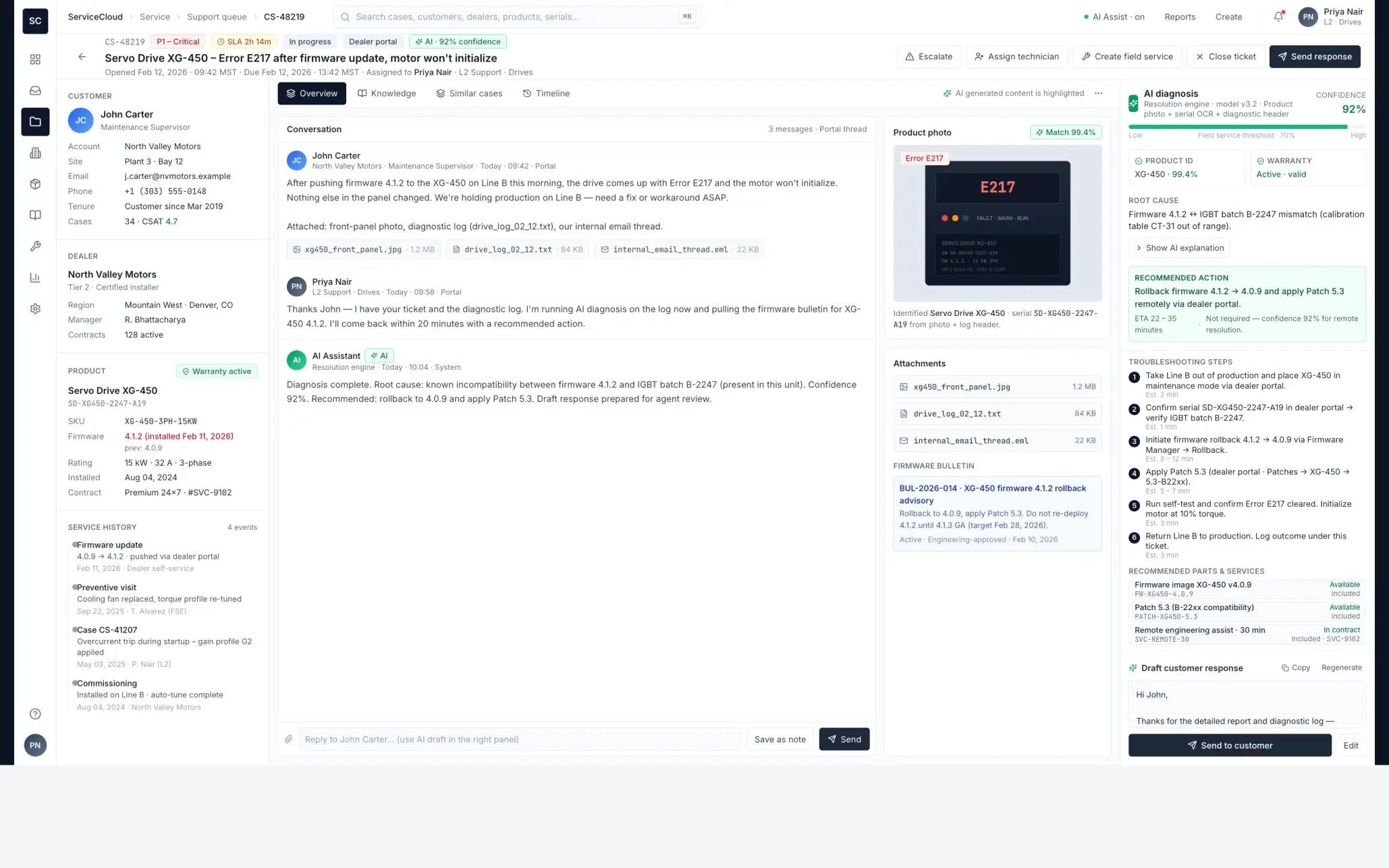 Ticket detail view with AI diagnosis, confidence score, and a suggested customer response