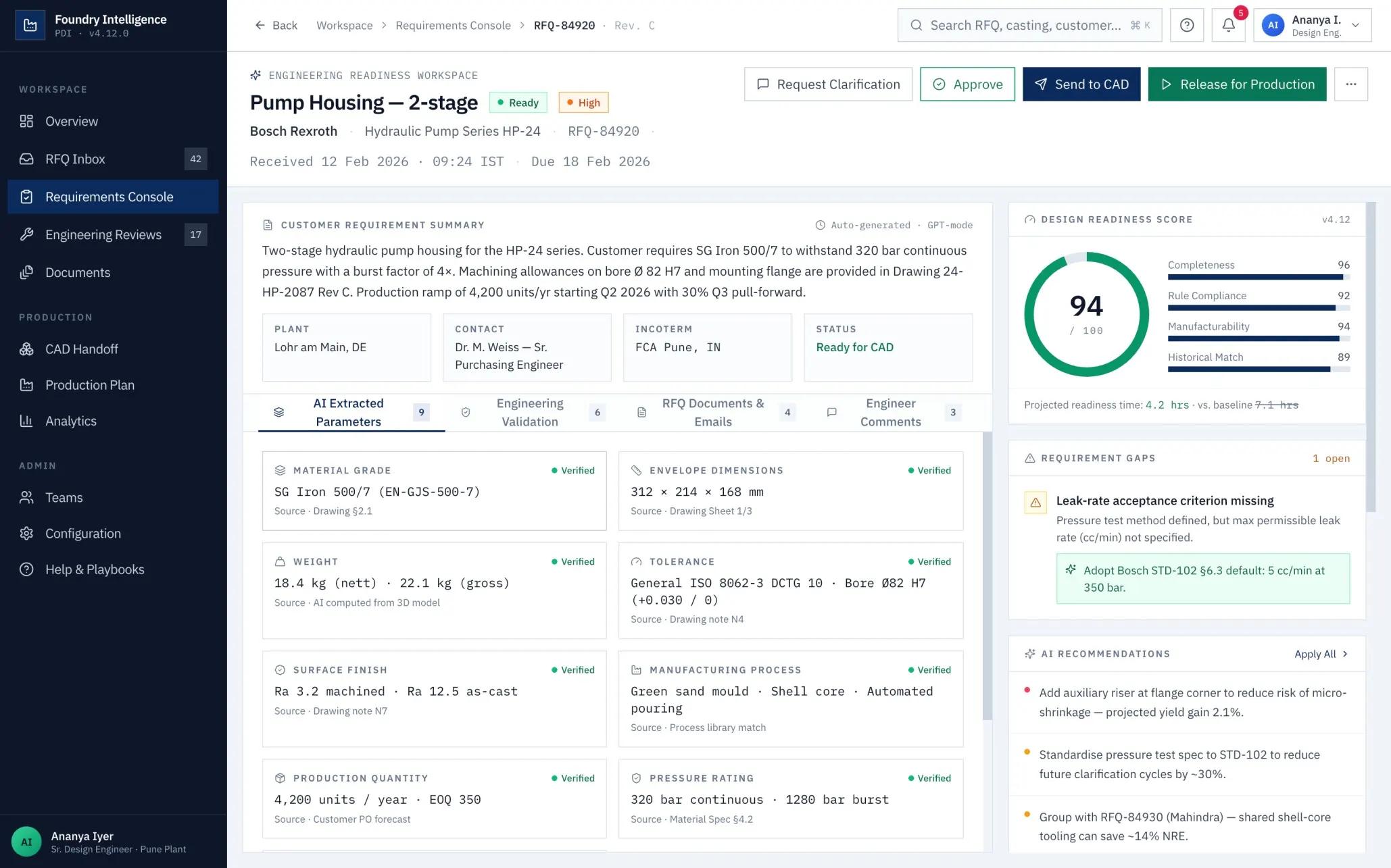 RFQ detail view with AI-extracted design parameters, design readiness score, and requirement gaps