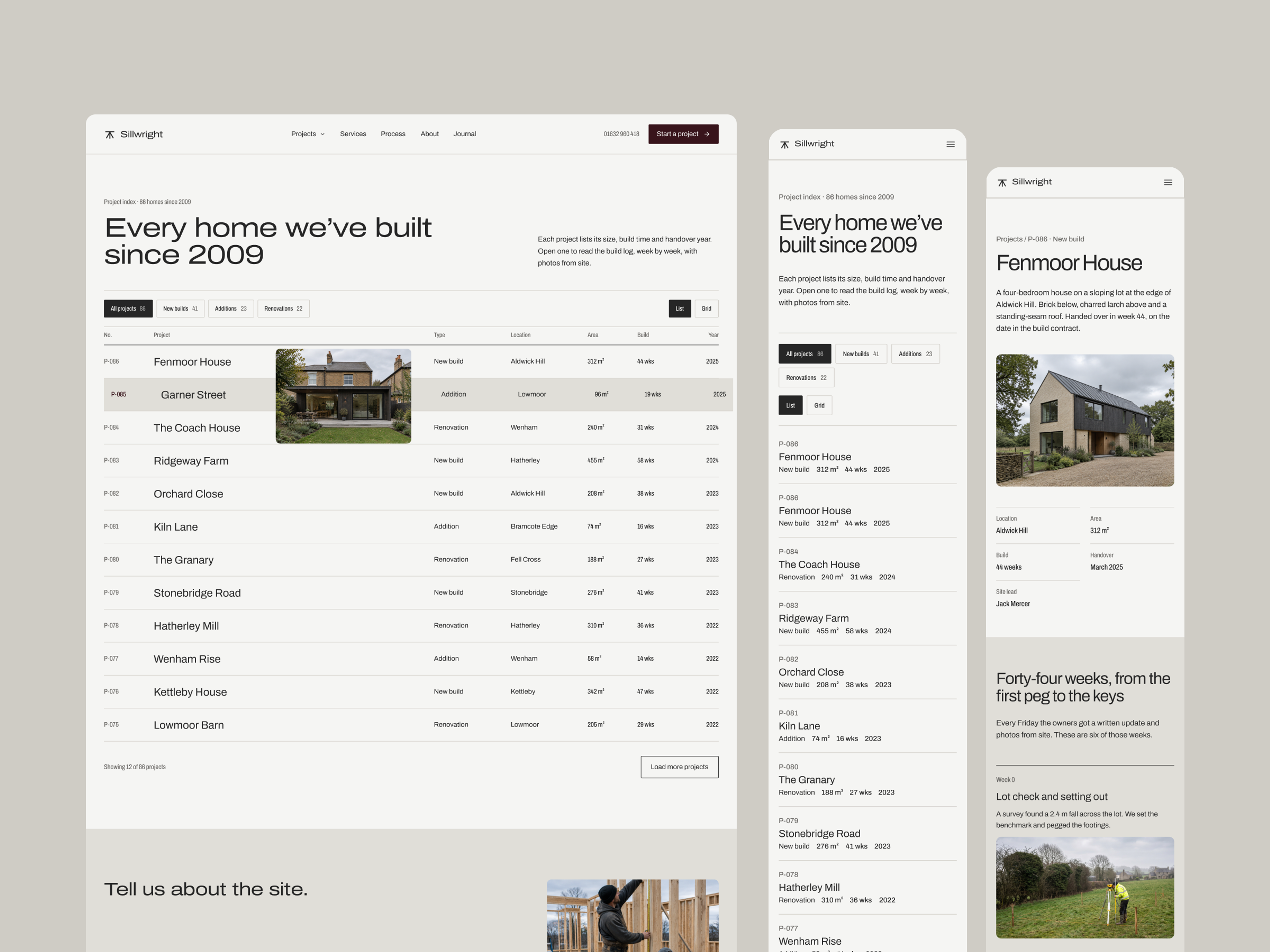 Sillwright projects hub and build log pages