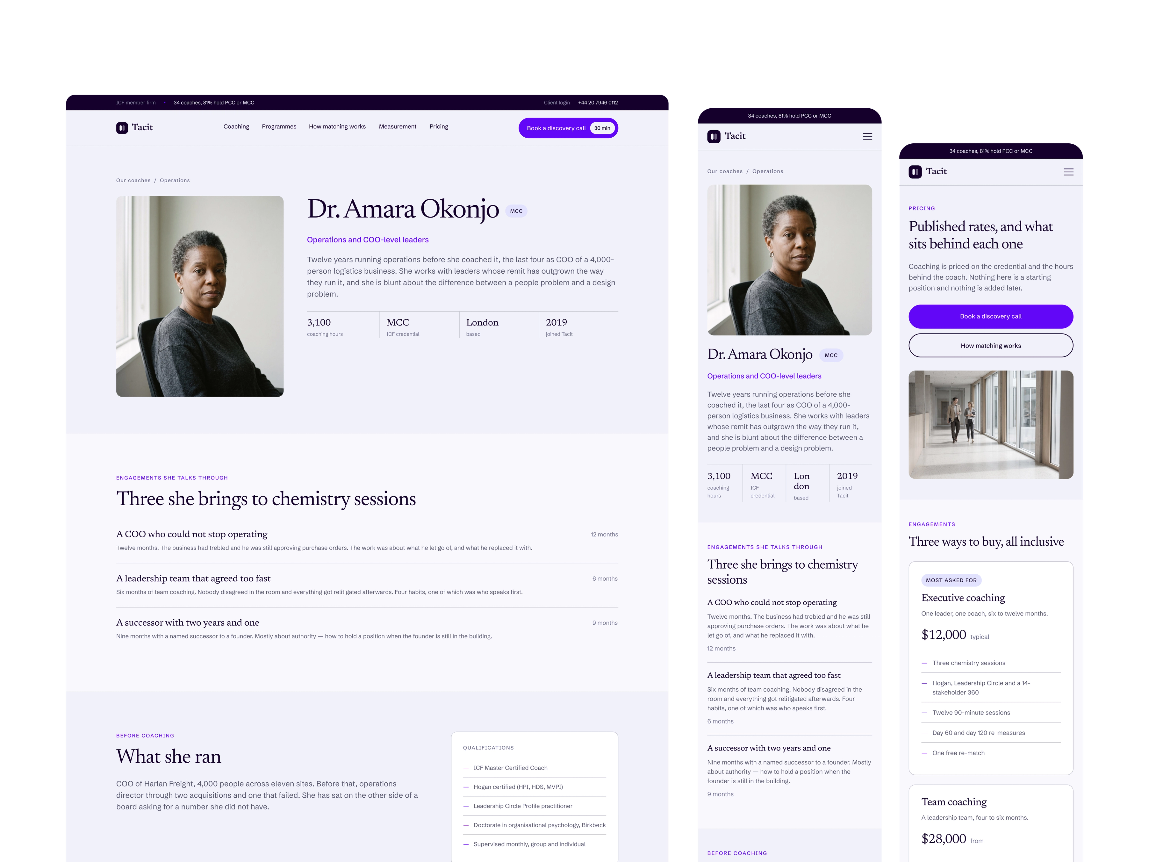 A Tacit coach profile at desktop and mobile