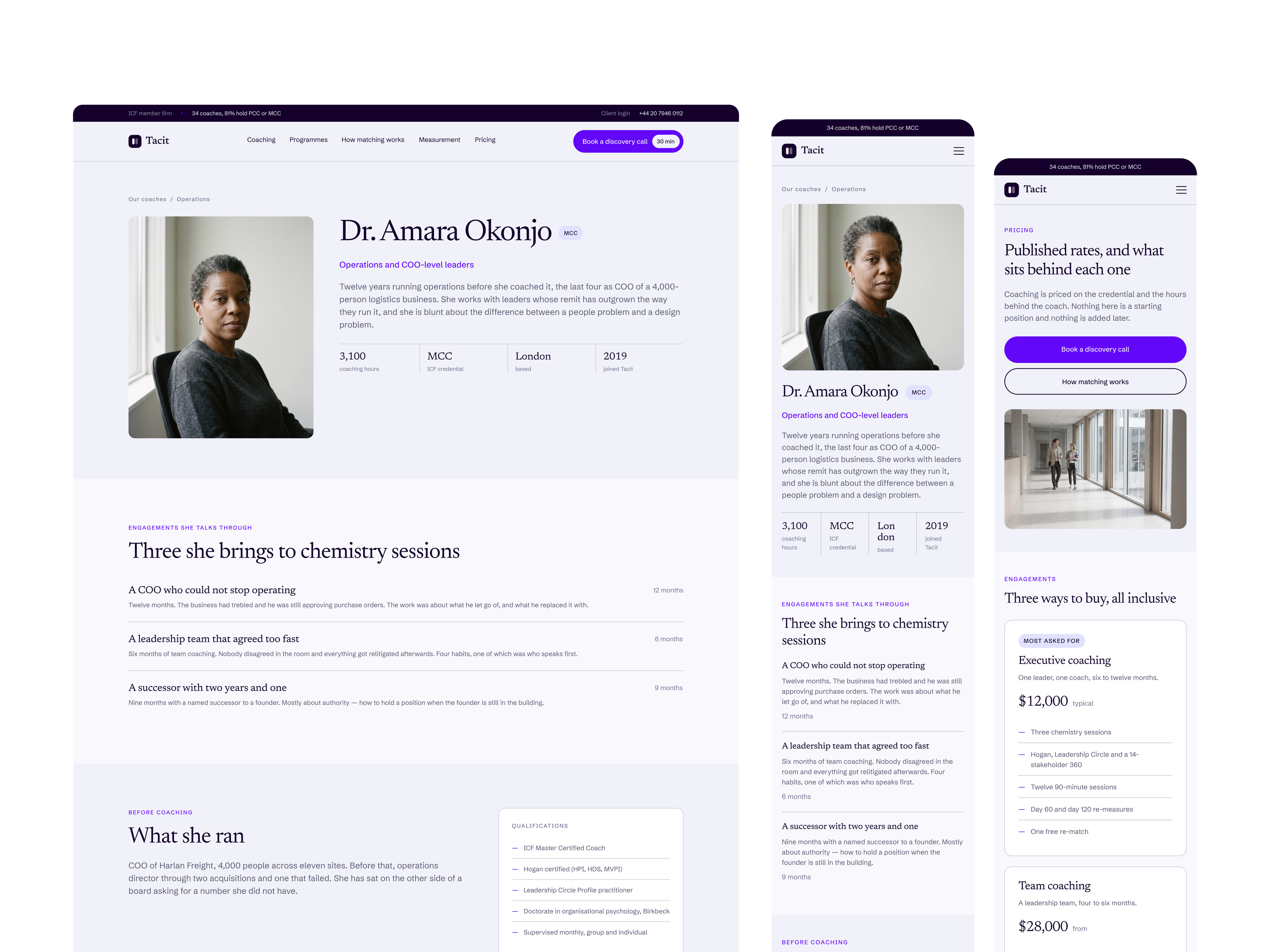 A Tacit coach profile at desktop and mobile