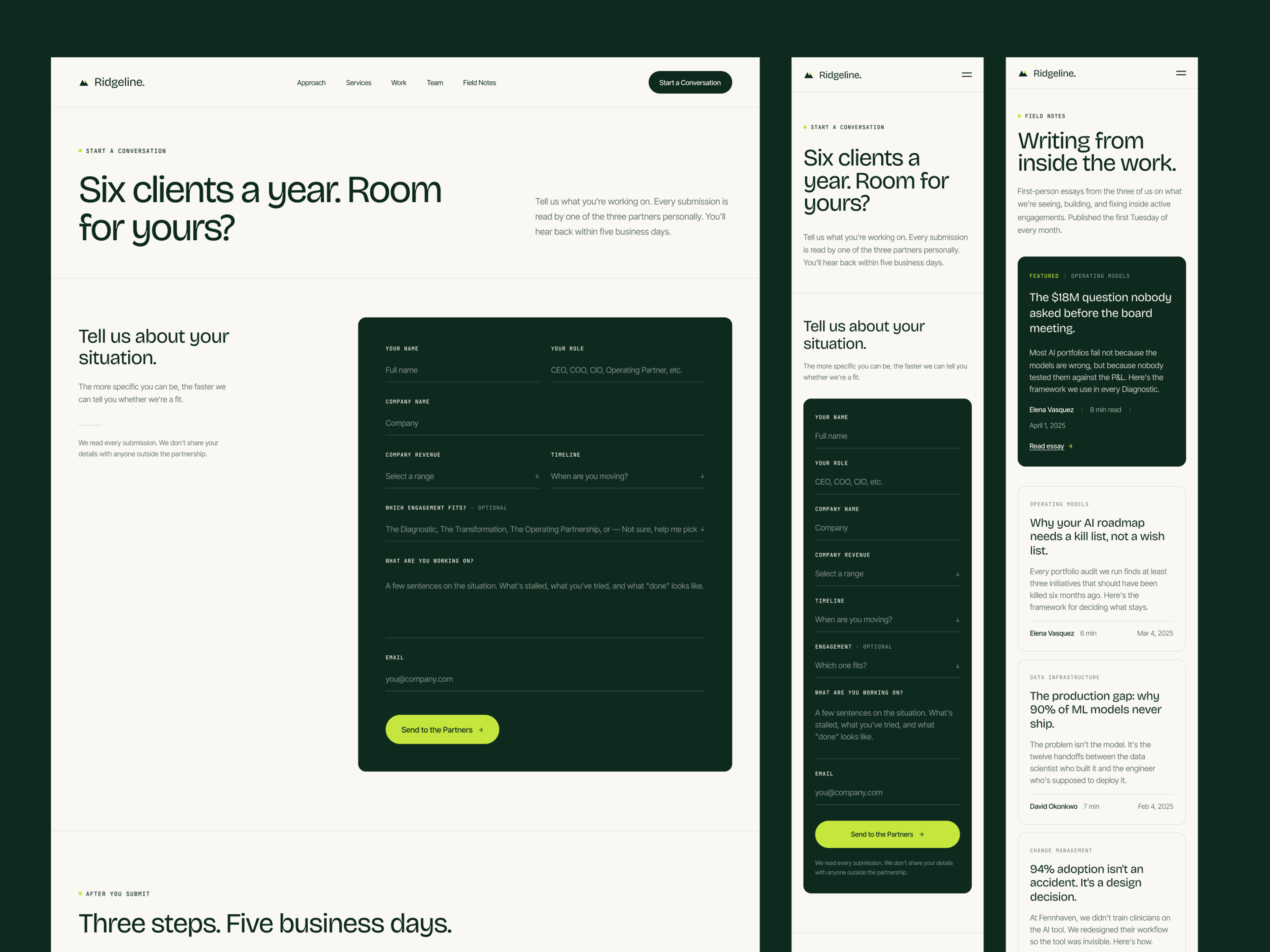 Ridgeline contact and field notes at desktop and mobile