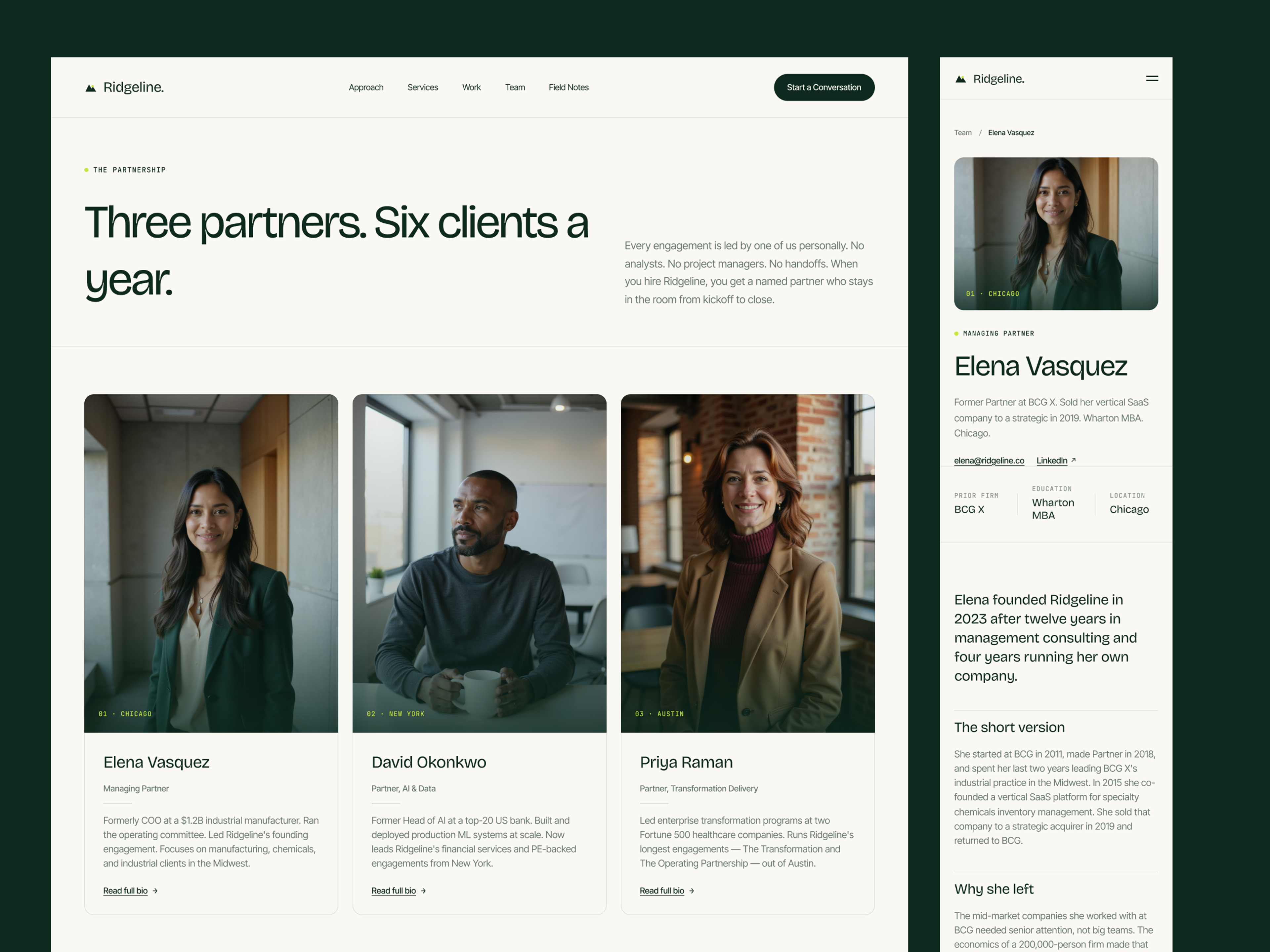 Ridgeline team and partner profile pages