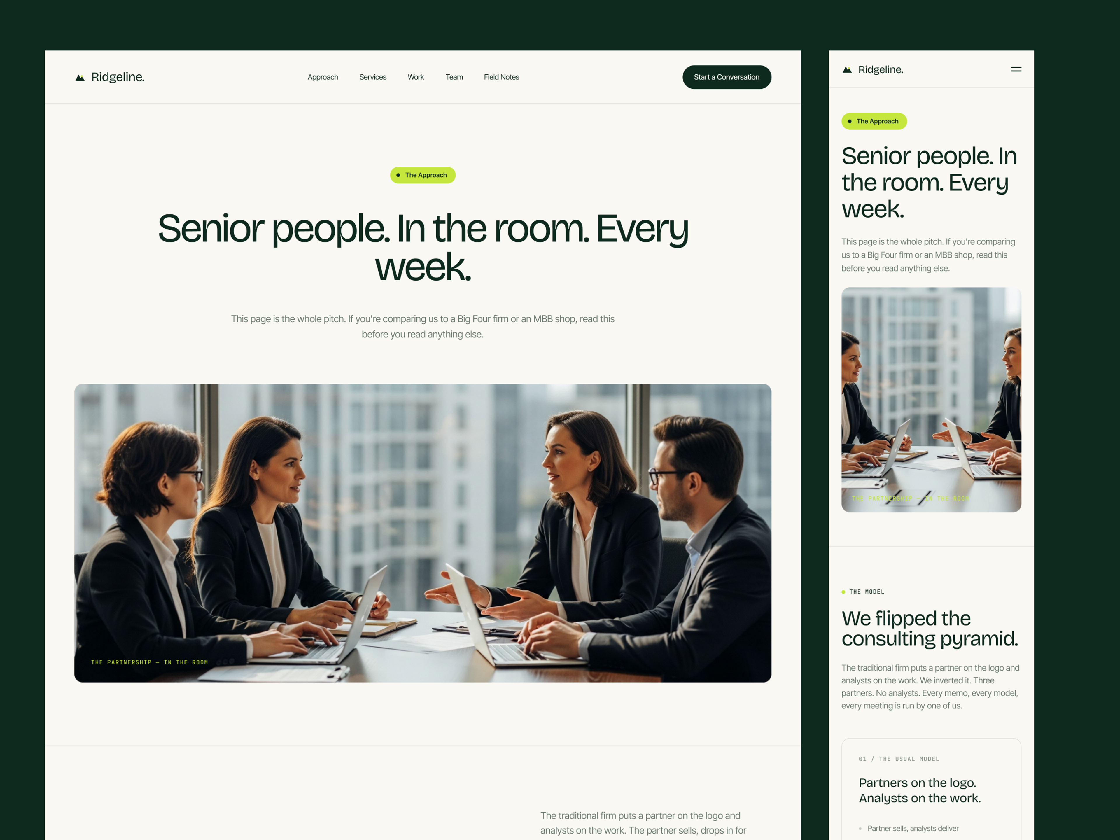 Ridgeline approach page, desktop and mobile