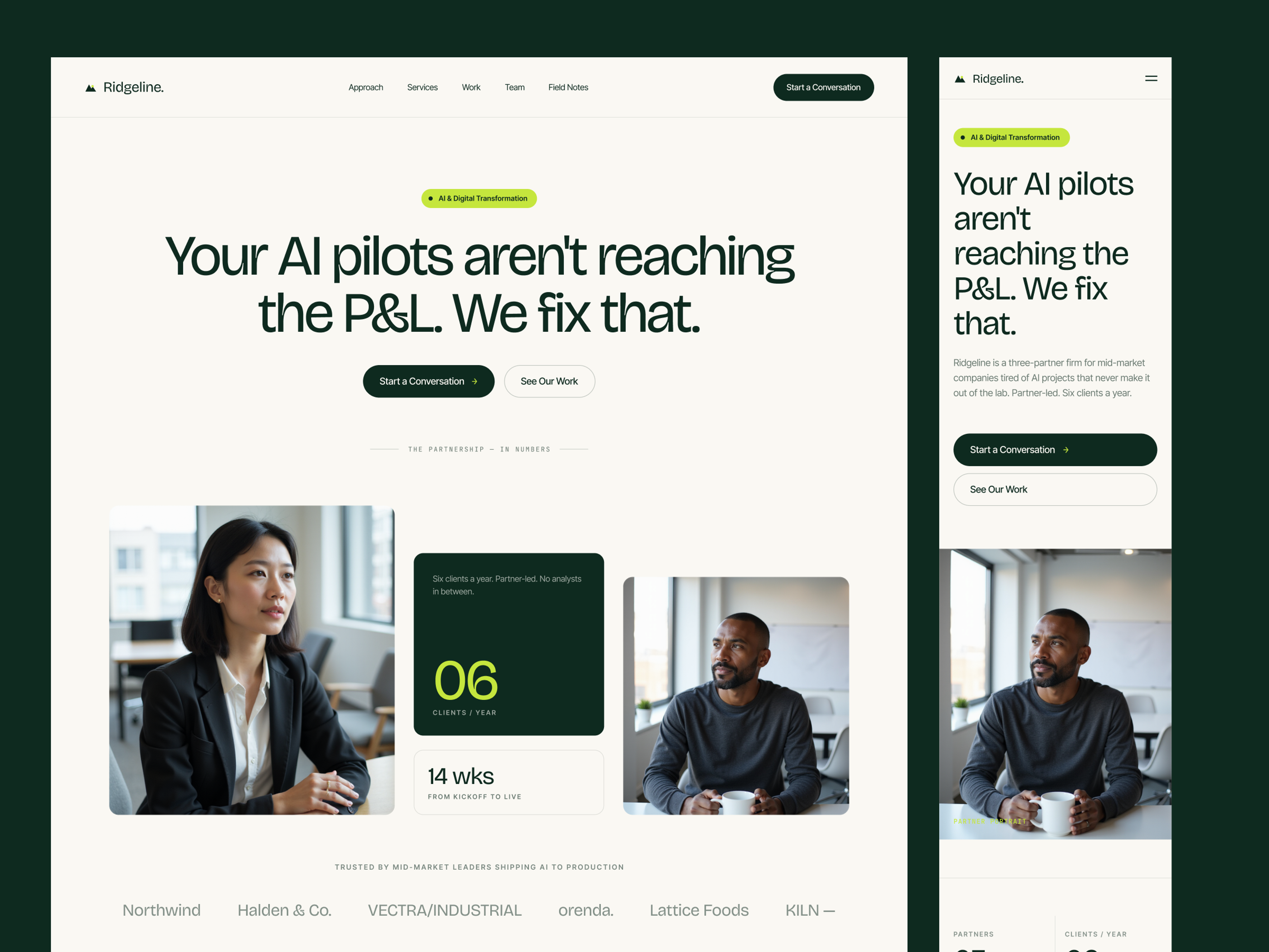 Ridgeline homepage, desktop and mobile