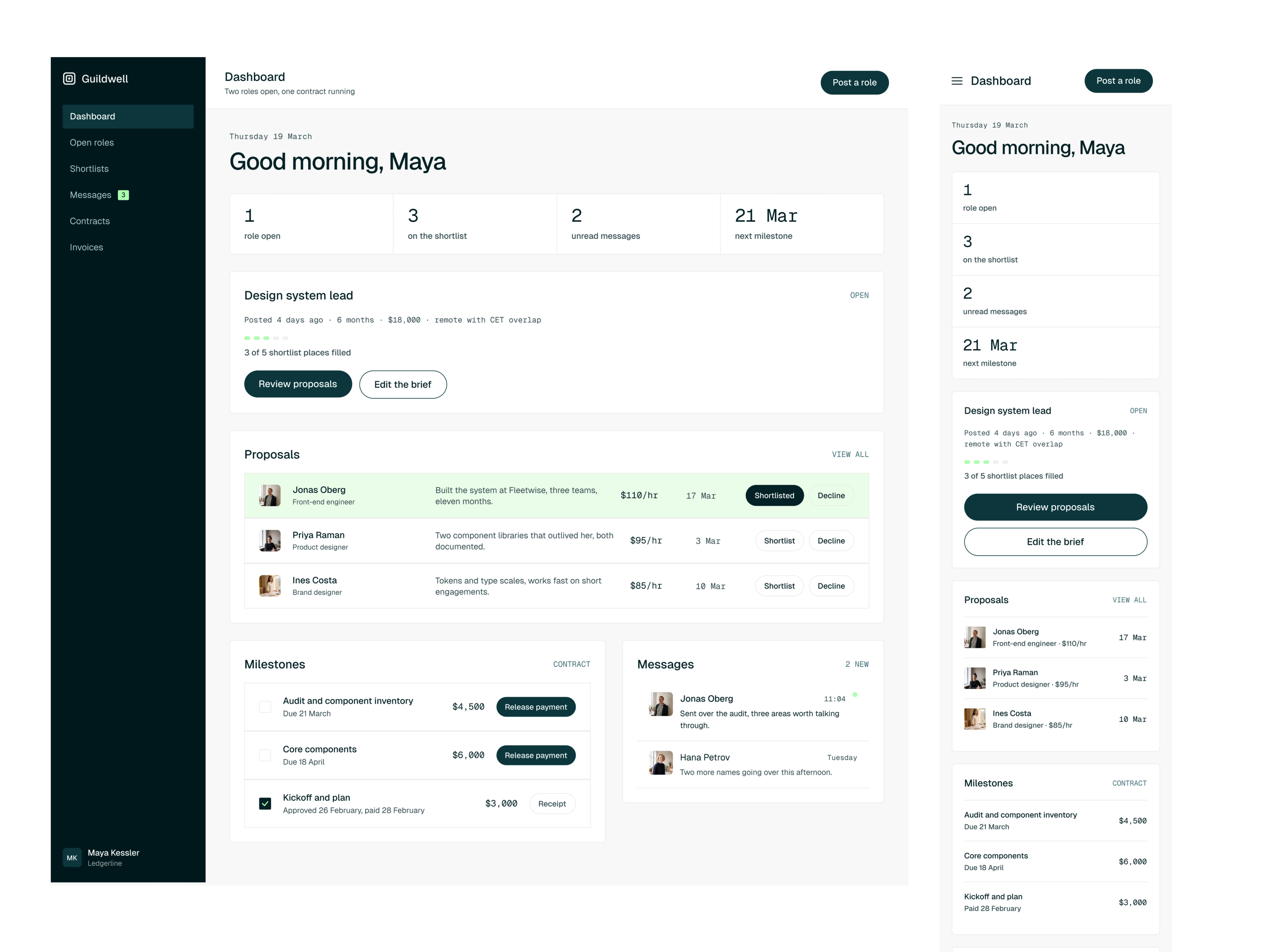 The Guildwell client dashboard at desktop and mobile.