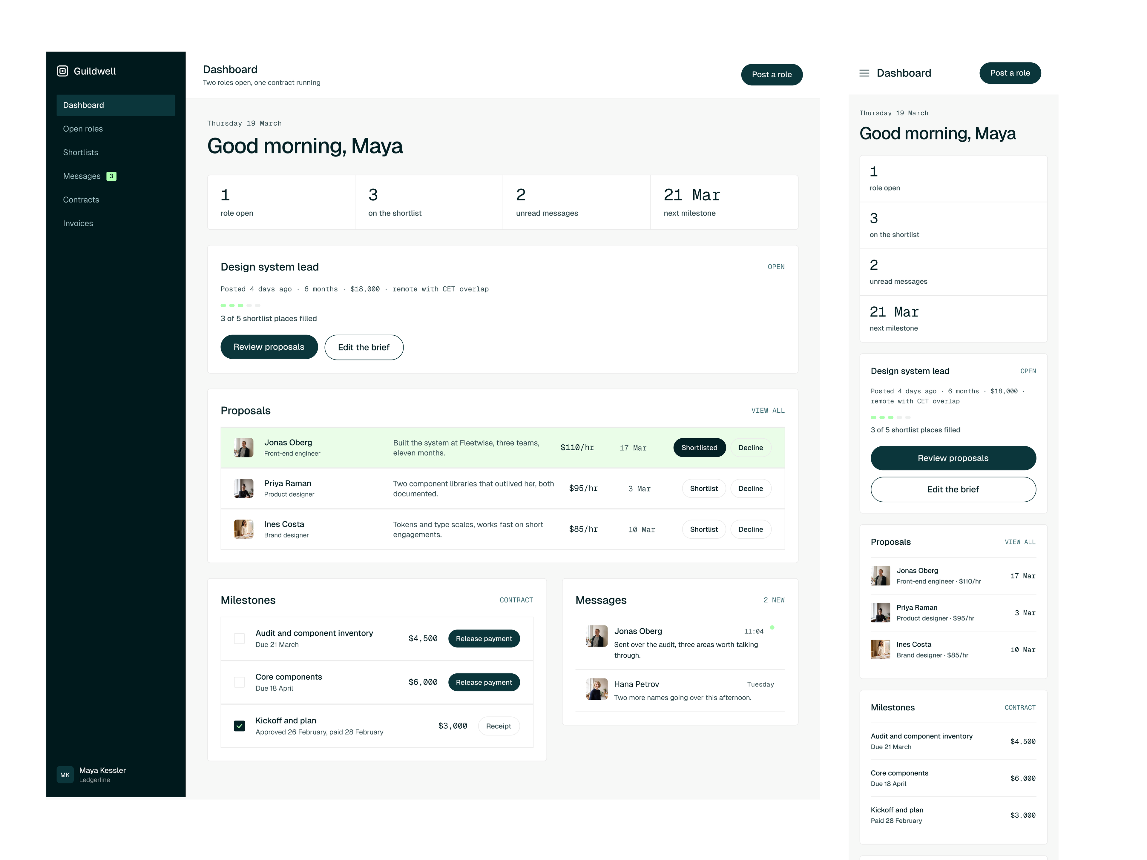 The Guildwell client dashboard at desktop and mobile.