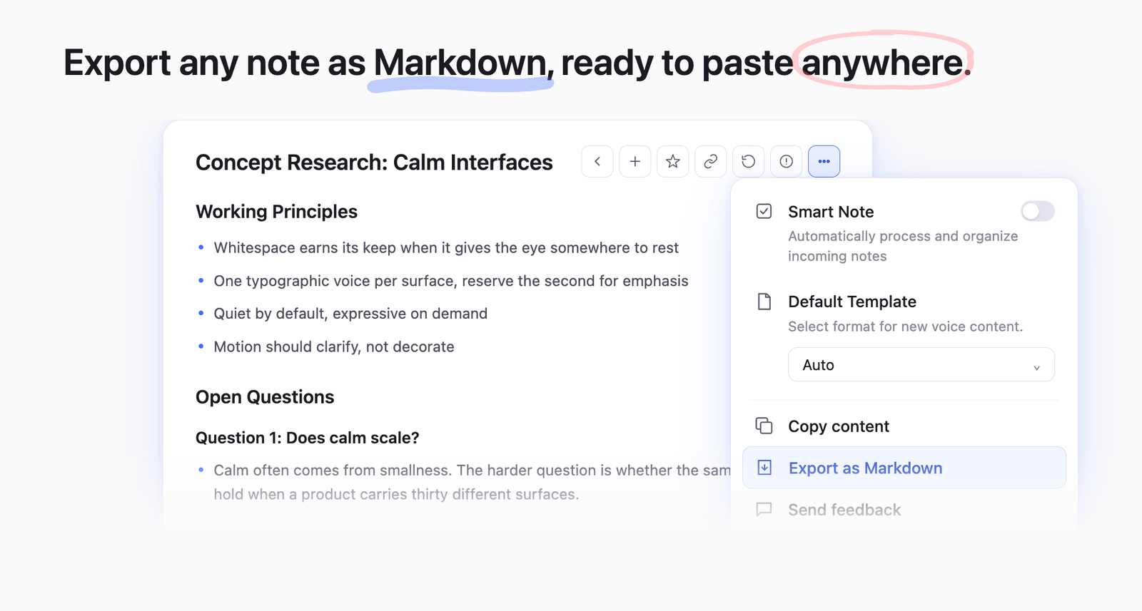 Export any note as Markdown, with the Notes menu opened and Export as Markdown highlighted.