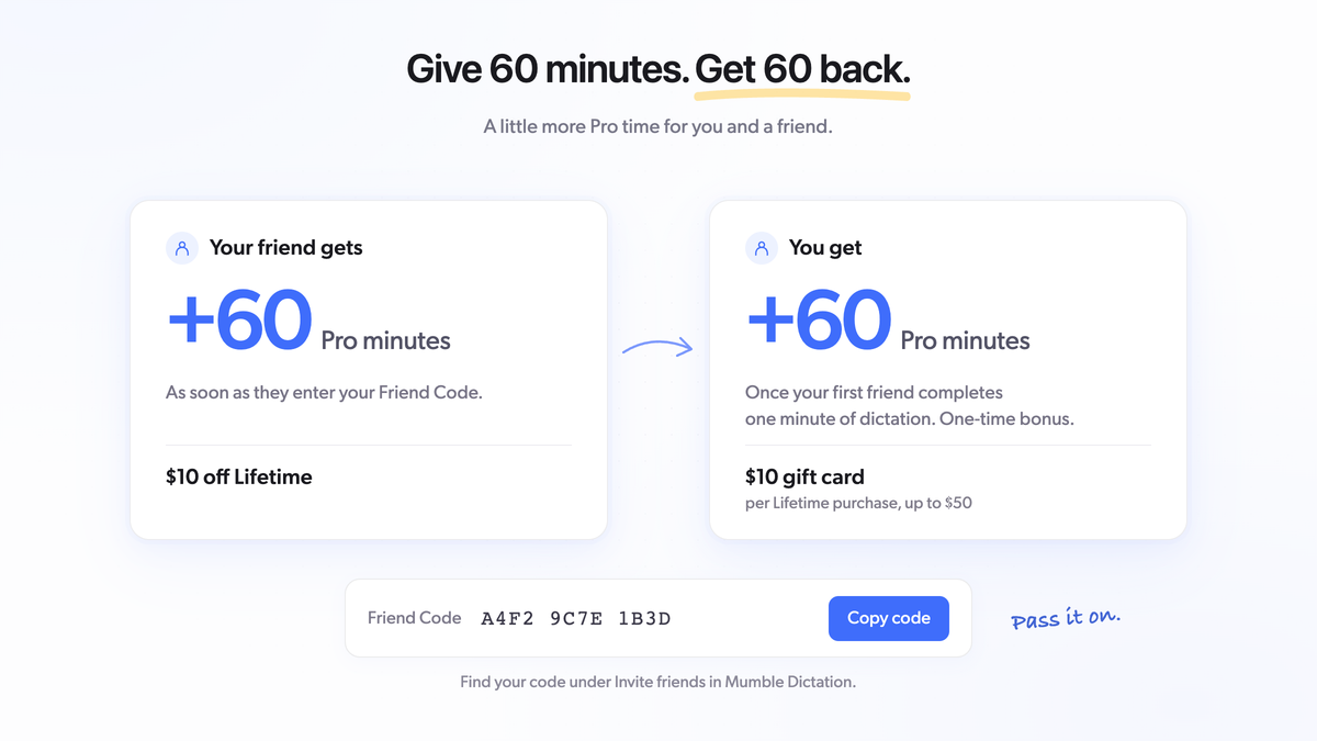 Friend Codes give a friend 60 Pro minutes and $10 off Lifetime. The referrer gets a one-time 60-minute bonus after the first friend dictates for one minute, plus a $10 gift card per Lifetime purchase, up to $50.