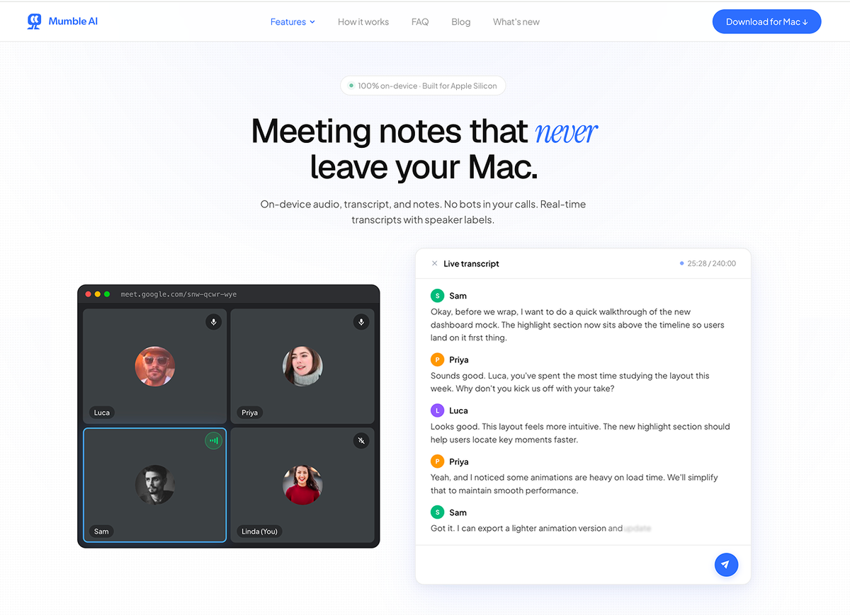 Mumble Local Mode on Mac with on-device transcription, speaker labels, and AI summary
