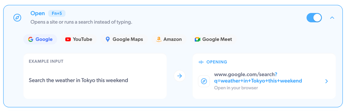 The Open voice action in Mumble Dictation turning a spoken sentence into a Google search
