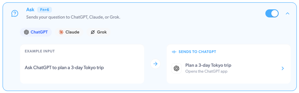 The Ask voice action in Mumble Dictation sending a dictated question to ChatGPT