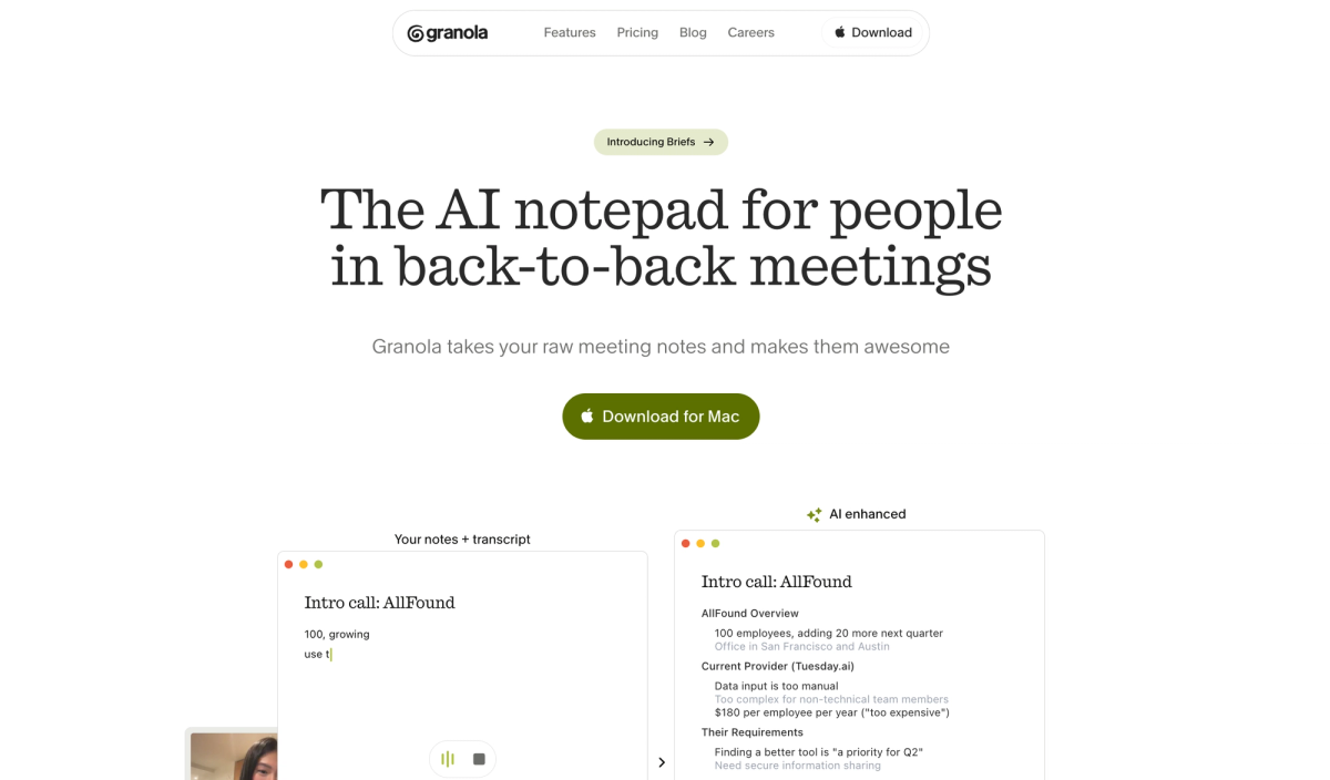 Granola AI notepad for people in back-to-back meetings, raw notes enhanced with AI