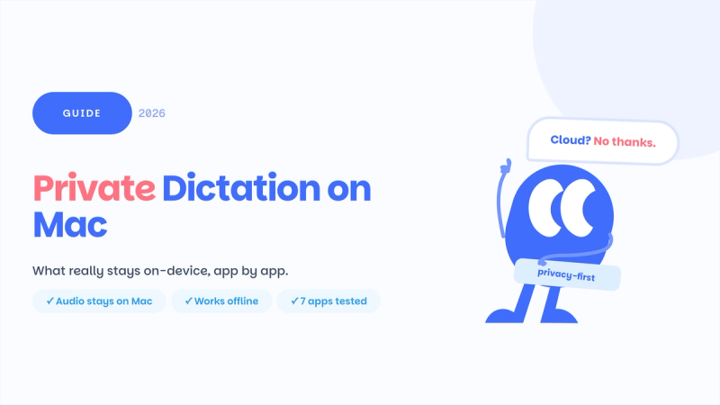 Private Dictation on Mac guide cover: Little Blue holding a privacy-first sign saying Cloud? No thanks.